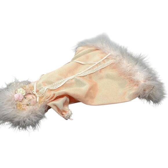 Porcelain Doll in Blush Striped Gown with Fur Trim - Picture 9 of 12